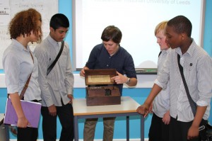 Elizabeth Bruton demonstrates the Fullerphone to KS3 history students at Allteron Grange HS, Leeds