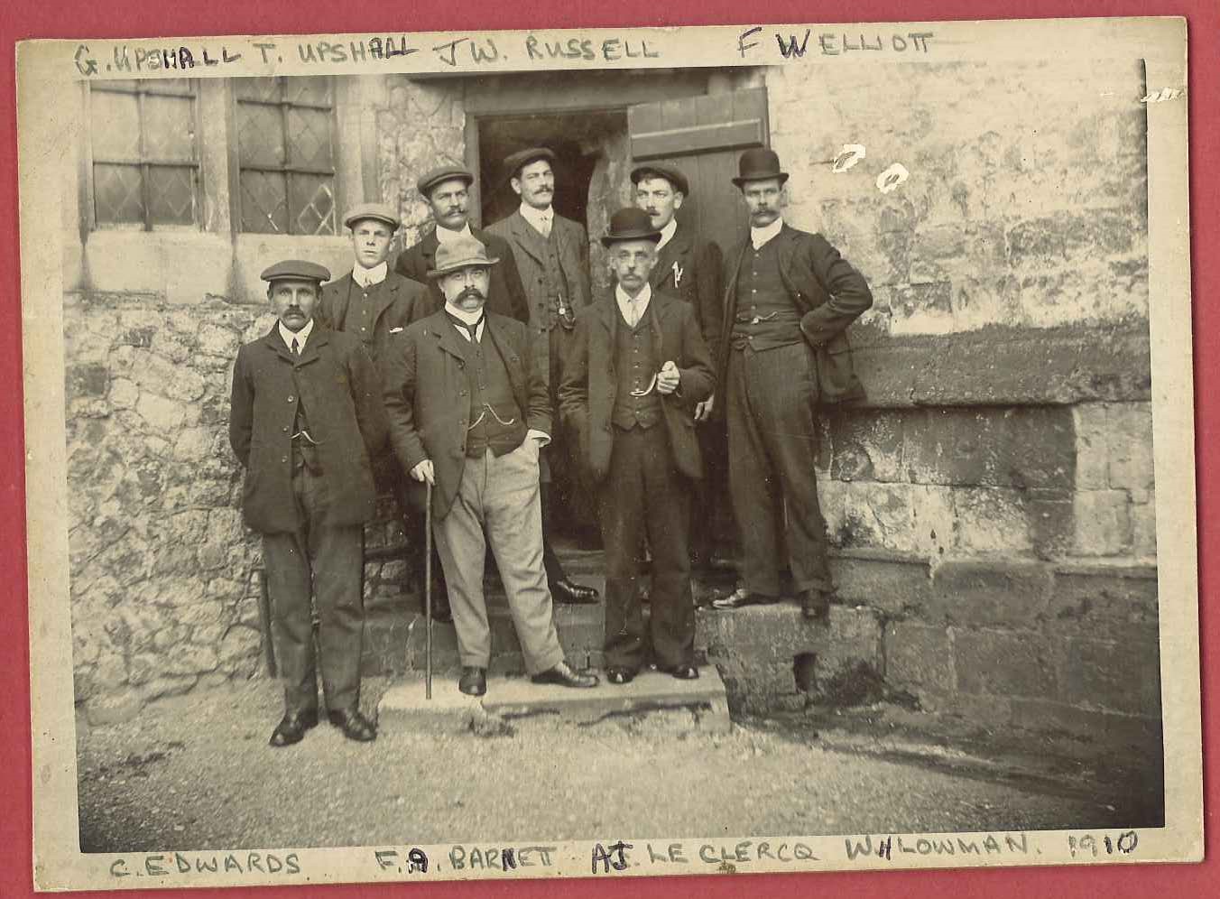 Peal band at Farnham, 25 May 1910, muffled peal of Bob Major to mark the funeral of King Edward VII that day. Russell is in the doorway at the back of the group.