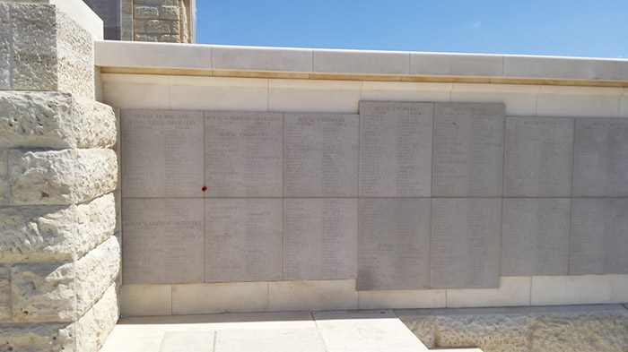 Helles memorial, panels 23 to 25. Harry’s name on panel 24 is marked by a poppy.