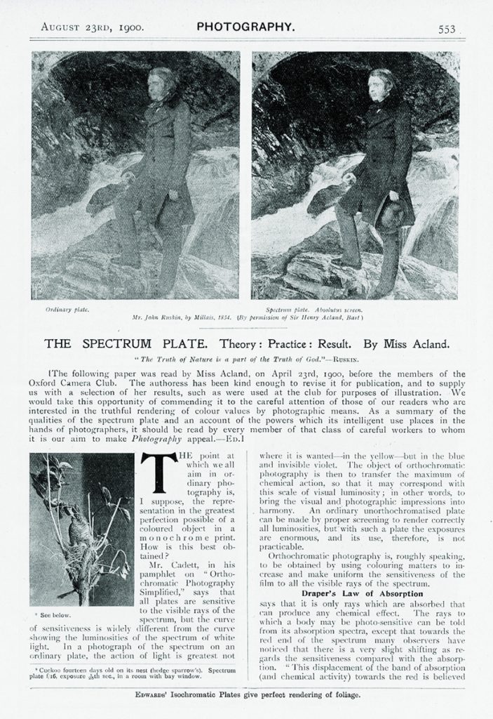 Miss Acland, “The Spectrum Plate. Theory: Practice: Result”, Photography, no. 615, vol. 12 (23 Aug 1900), pp. 553 – 560, p. 553