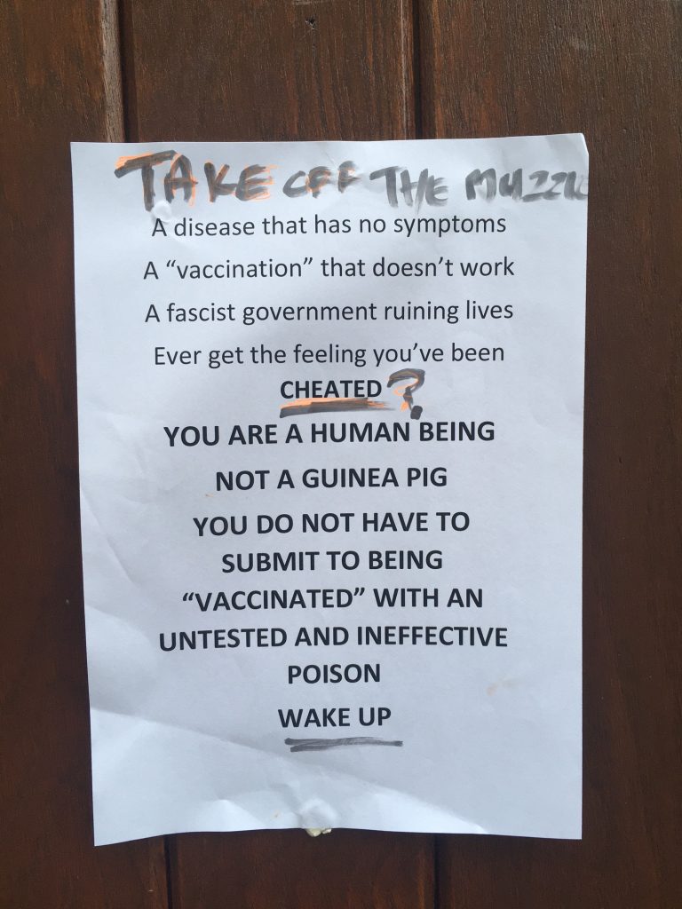 Anti-vaccination poster posted outside the History of Science Museum in November 2021